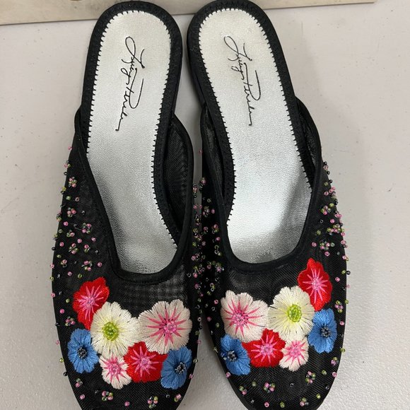 Lucy Pereda black red pink floral embroidered beaded flats mules slides 9 box - Picture 3 of 8